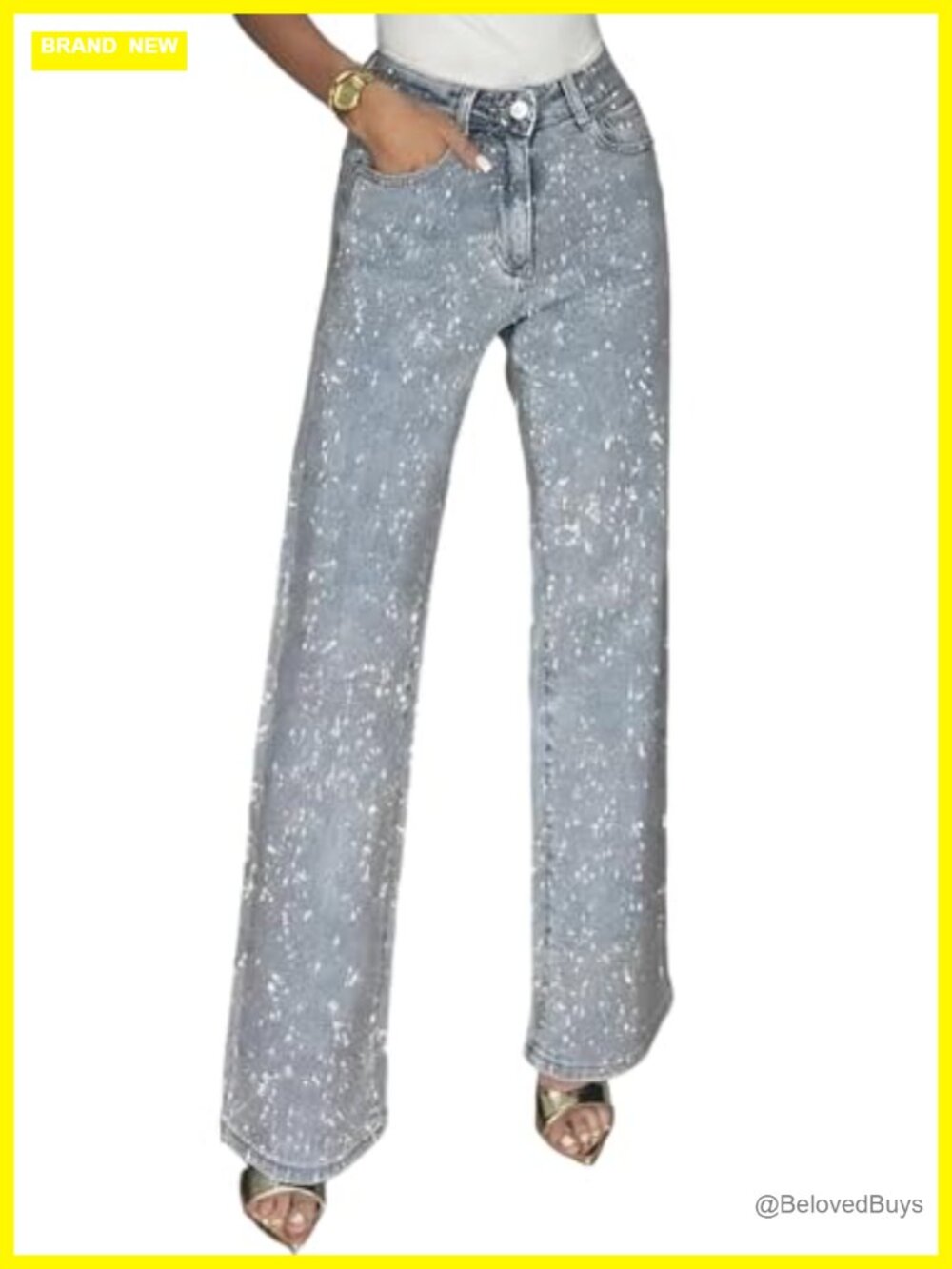 High Waisted Straight Leg Rhinestone Pearls Embellished Jeans Sparkly Bling